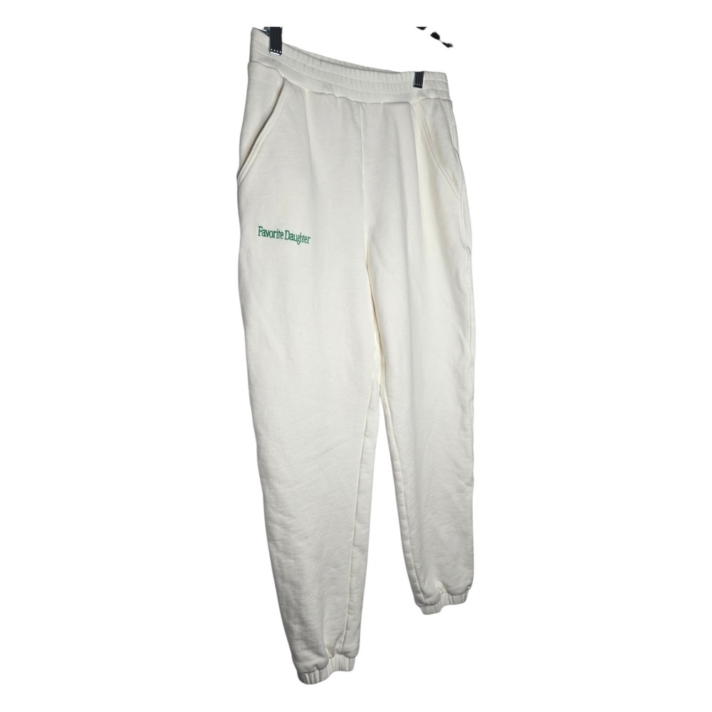 Favorite Daughter Logo Joggers S Ivory Cotton Sweatpants Green Embroidery - Picture 6 of 8